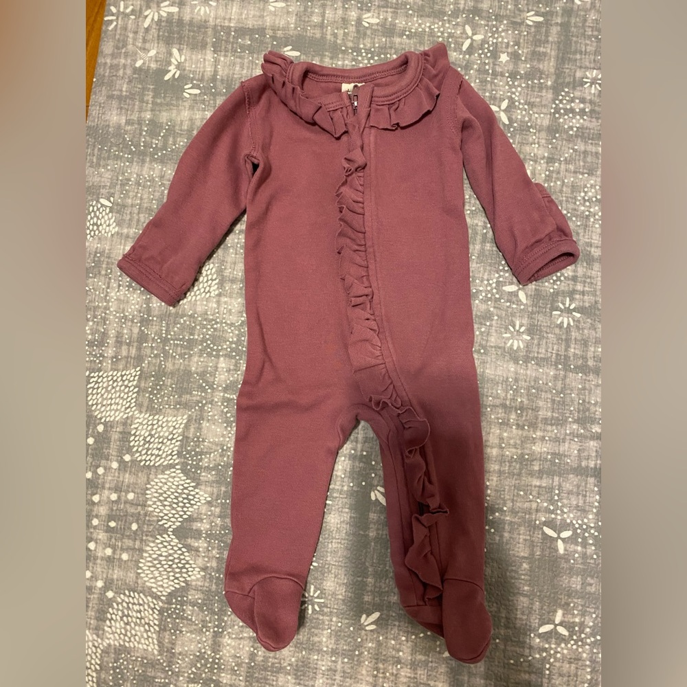 Kate Quinn Long sleeve ruffle zipper footie pajama, dusty grape,  organic cotton
